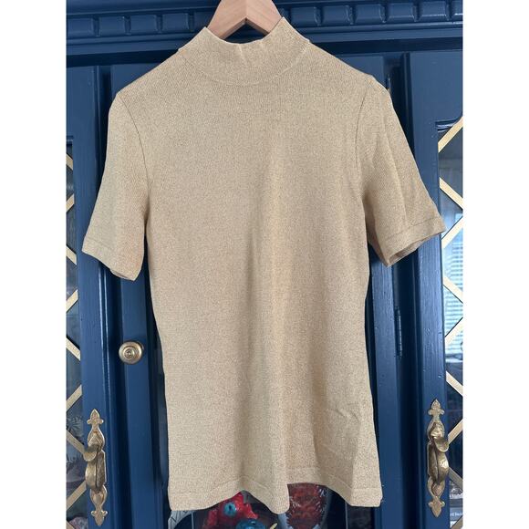 Gold Metallic knit St. John Mock Neck short sleeved sweater small 80's - Picture 1 of 7